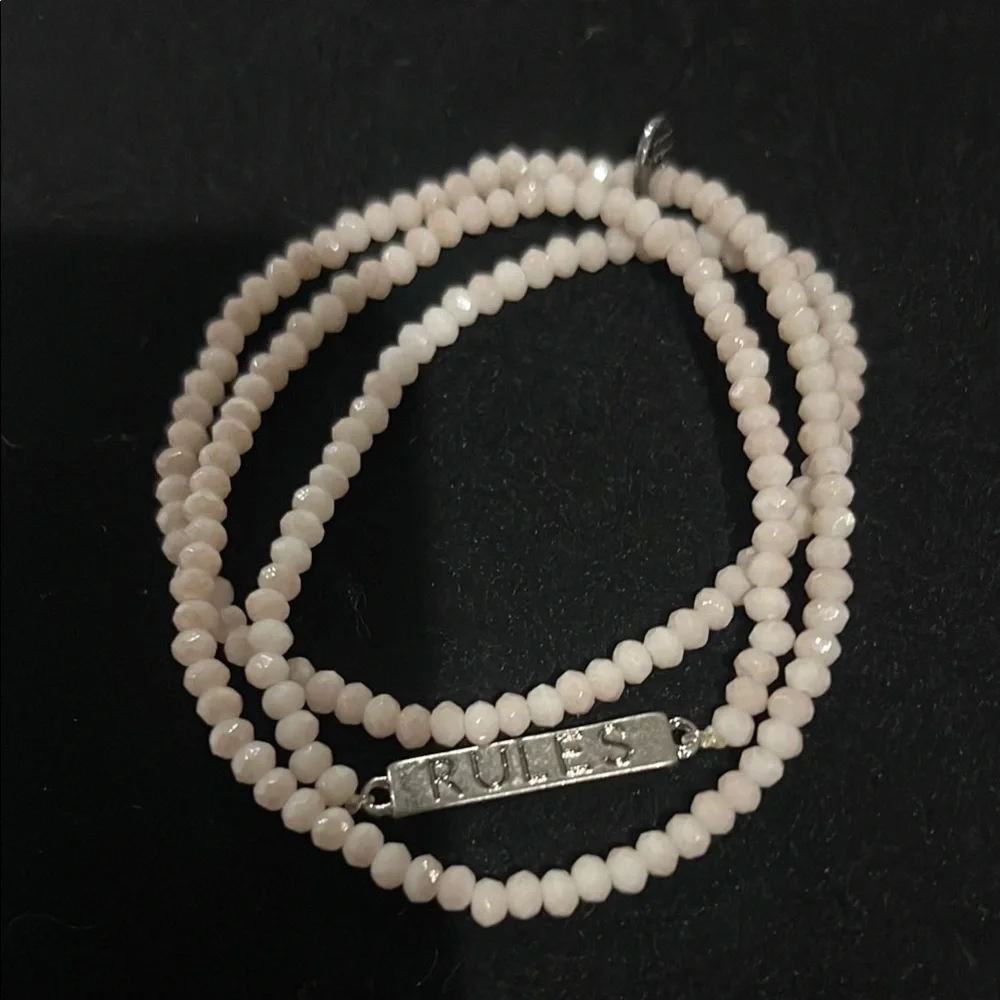 Marlyn Schiff Lavender Cream Beaded Bracelet with Silver 'Love' and ‘Rules’Charm